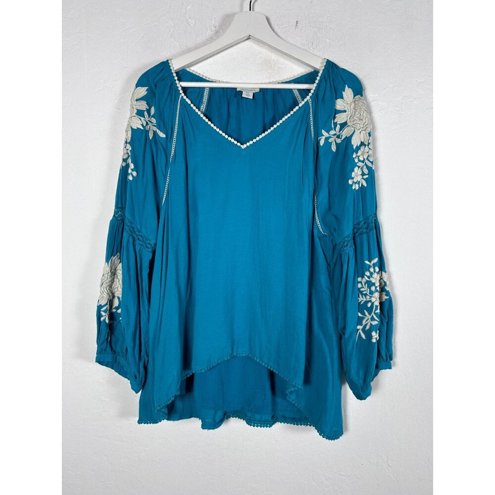 Sundance Womens Naomi Isles Embroidered Top Blouse PS Blue Floral Long Sleeve